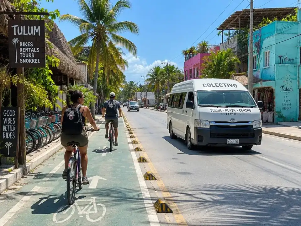 Bikes in a bike lane and a colectivo van on a street in Tulum, Mexico