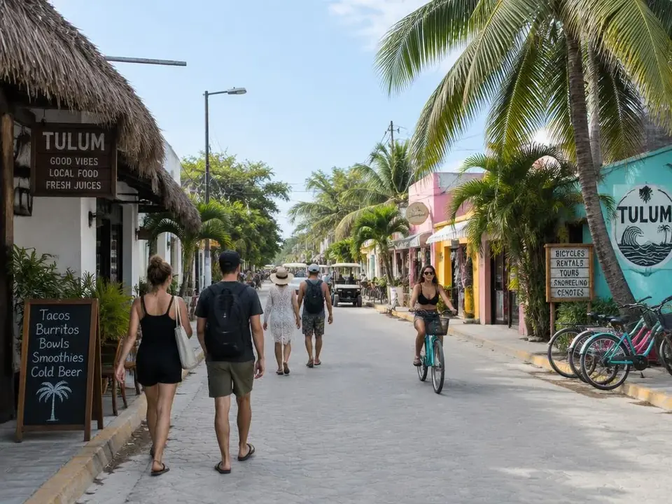 Travelers walking along a calm, sunny street in Tulum town, Mexico