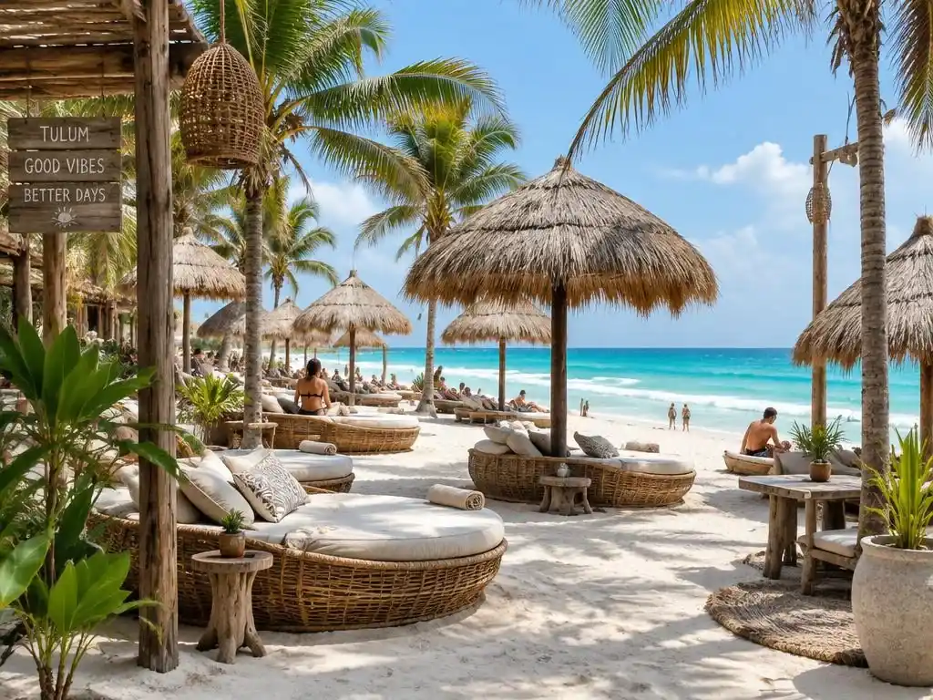 Rattan daybeds and palm umbrellas at a beach club on Tulum beach