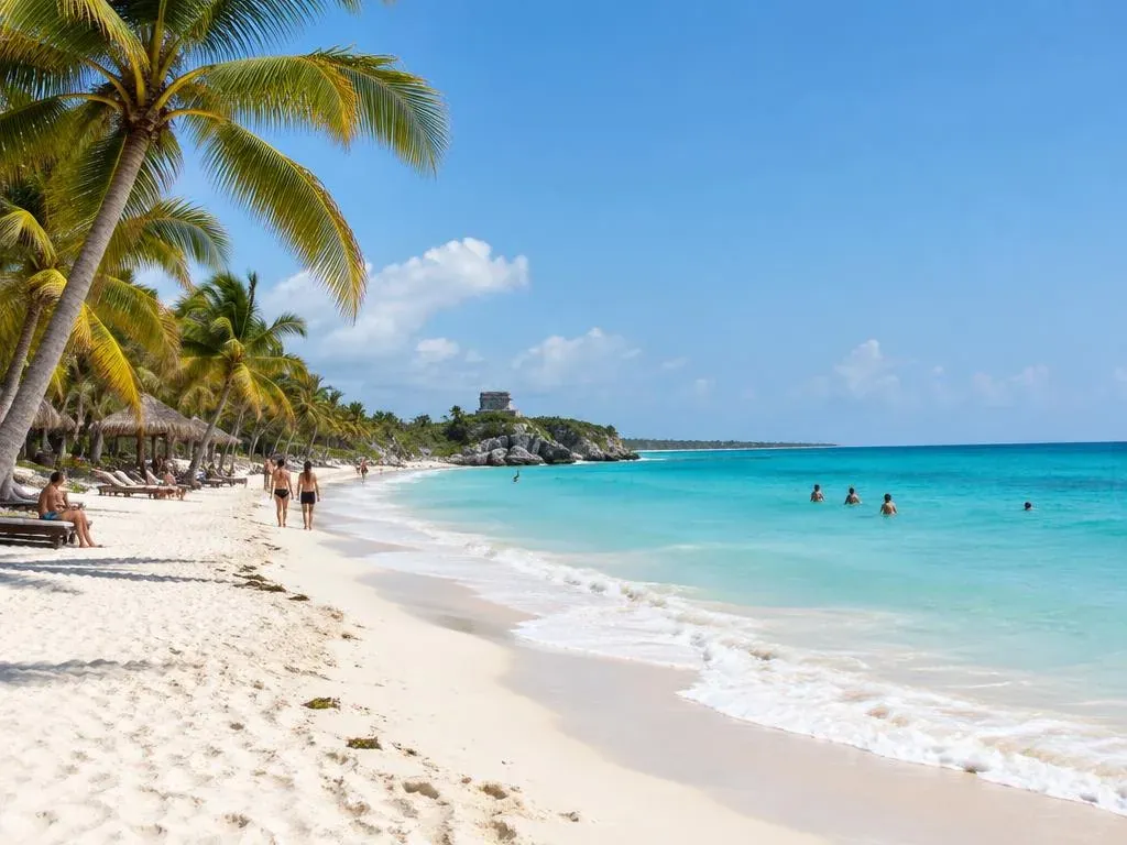 White sand and turquoise water on Tulum beach, Mexico, with the ruins on the cliff