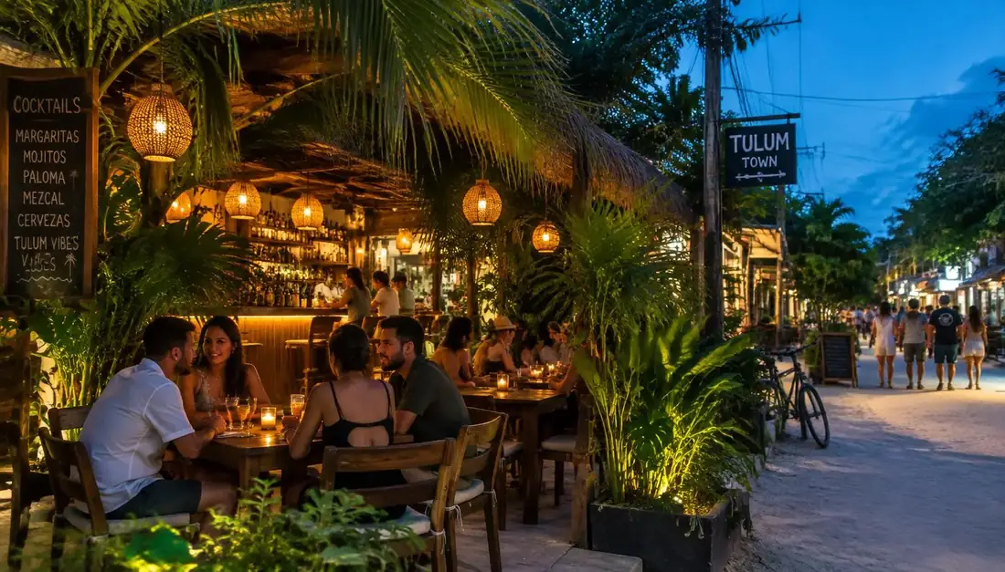 Open-air cocktail bar in Tulum town with lanterns and palm leaves on a busy evening