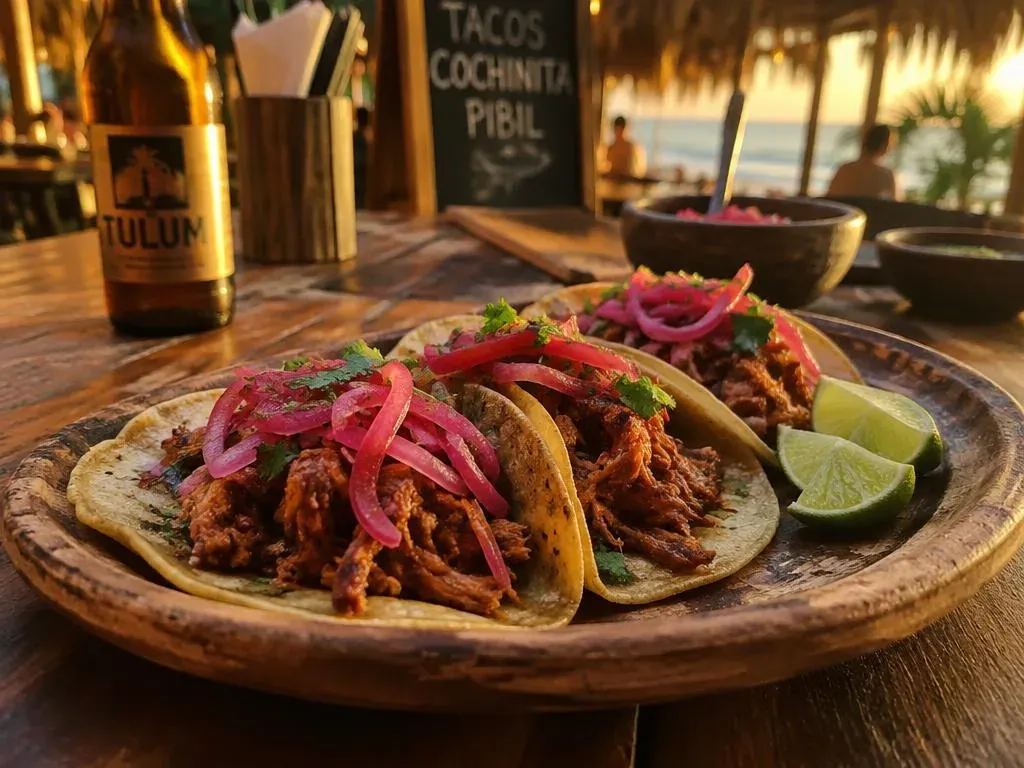 Cochinita pibil tacos with pickled onion at a restaurant in Tulum, Mexico