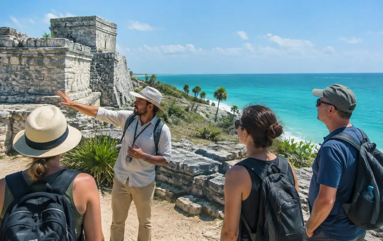 Local guide pointing at Tulum ruins for a small group above the Caribbean Sea