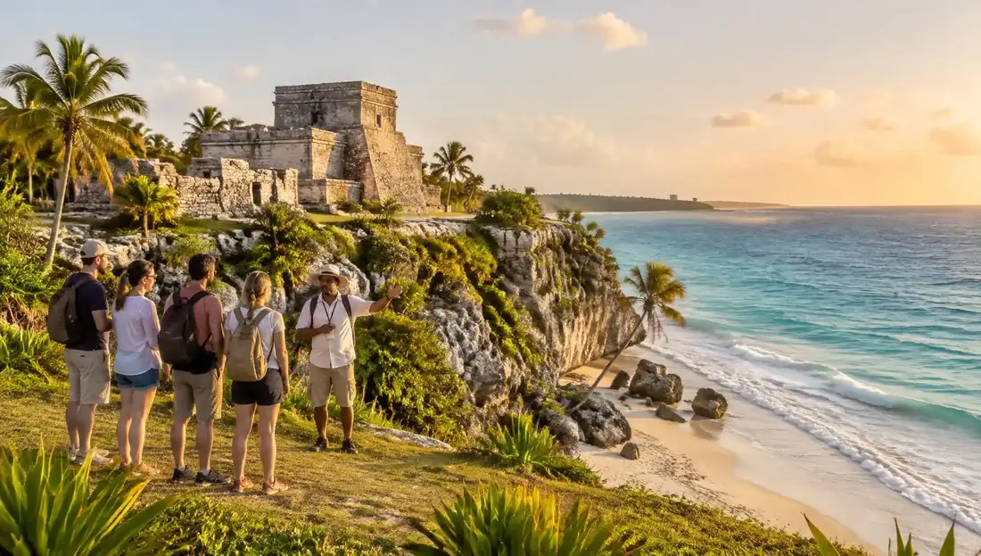 Small group with a local guide on the cliff at the Tulum ruins above the Caribbean Sea