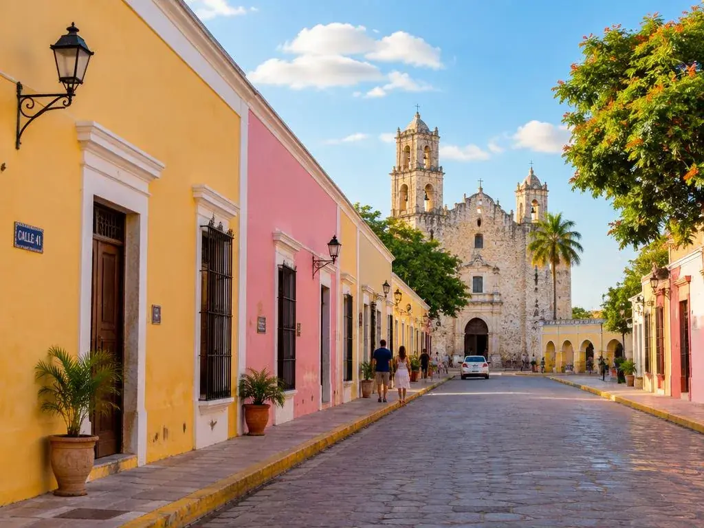Colourful colonial street leading to the San Bernardino convent in Valladolid, Yucatan
